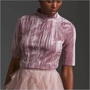 ANTHROPOLOGIE PILCRO Crushed Velvet Pink Rose Mock Neck Short-Sleeve Top Size S